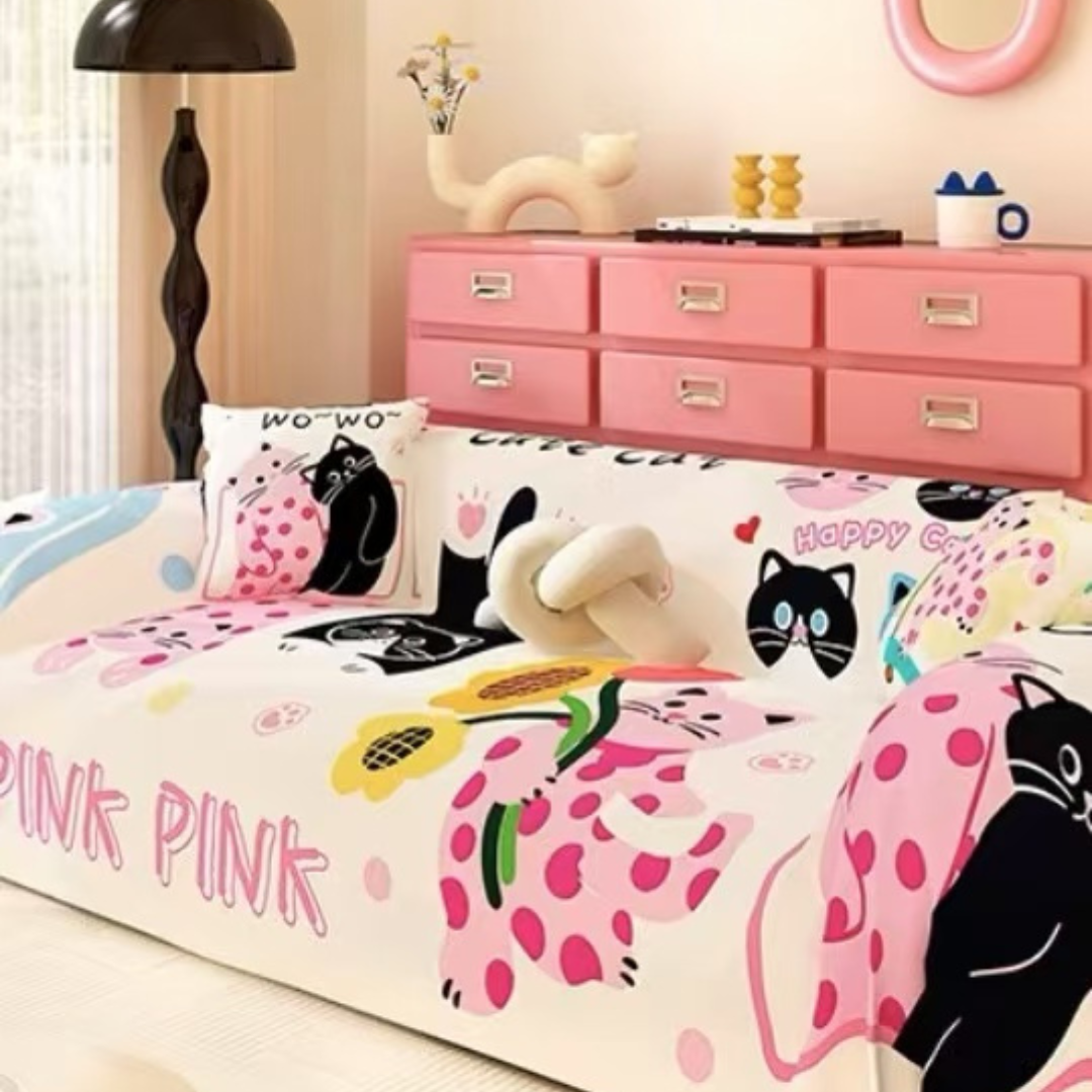 Scratch Resistant Dreamy Pink Round Faced Black Cat Sofa Cover